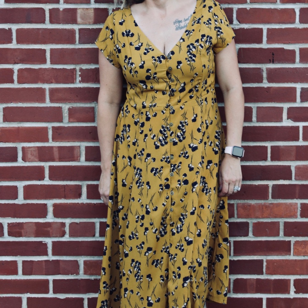 Mustard and navy dress
